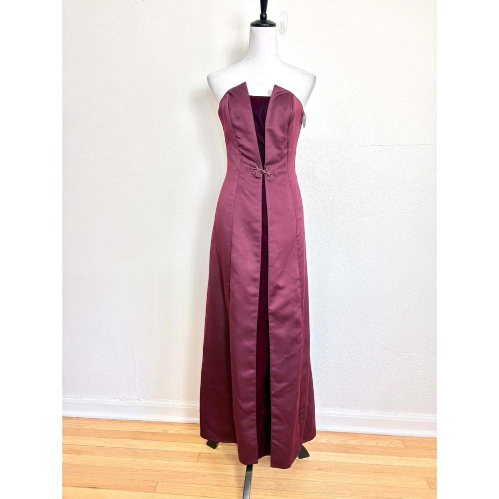 De-Laru by Sheila Yen Burgundy Satin & Velvet Strapless Maxi Dress Size 3/4 Chic